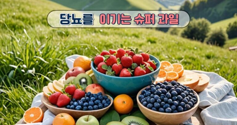 자연을 배경으로 많은 과일이 테이블 위에 올려 있다