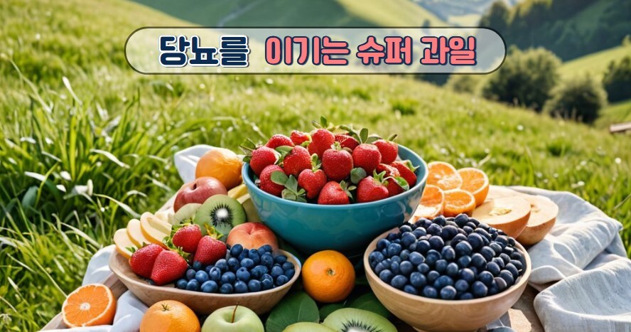 자연을 배경으로 많은 과일이 테이블 위에 올려 있다